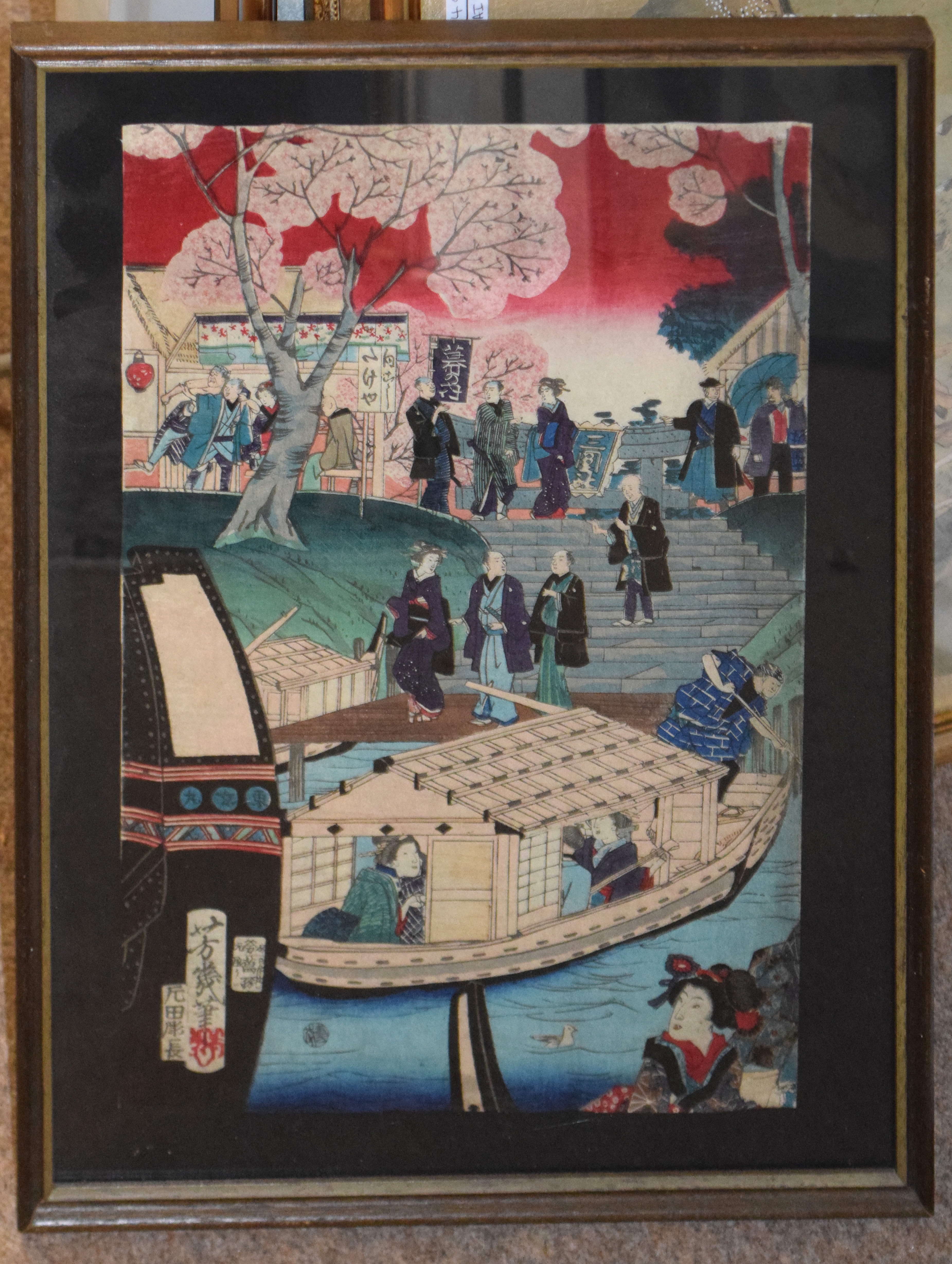 Japanese School, River scenes with figures, pair of coloured wood blocks, 36 x 24cm (2)