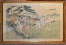 Oriental School, Figures on horseback, watercolour on silk, 26 x 36cm, together with a similar