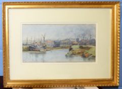 E Phillips, "Boatyard near Blackwall", watercolour, signed lower right, 17 x 33cm