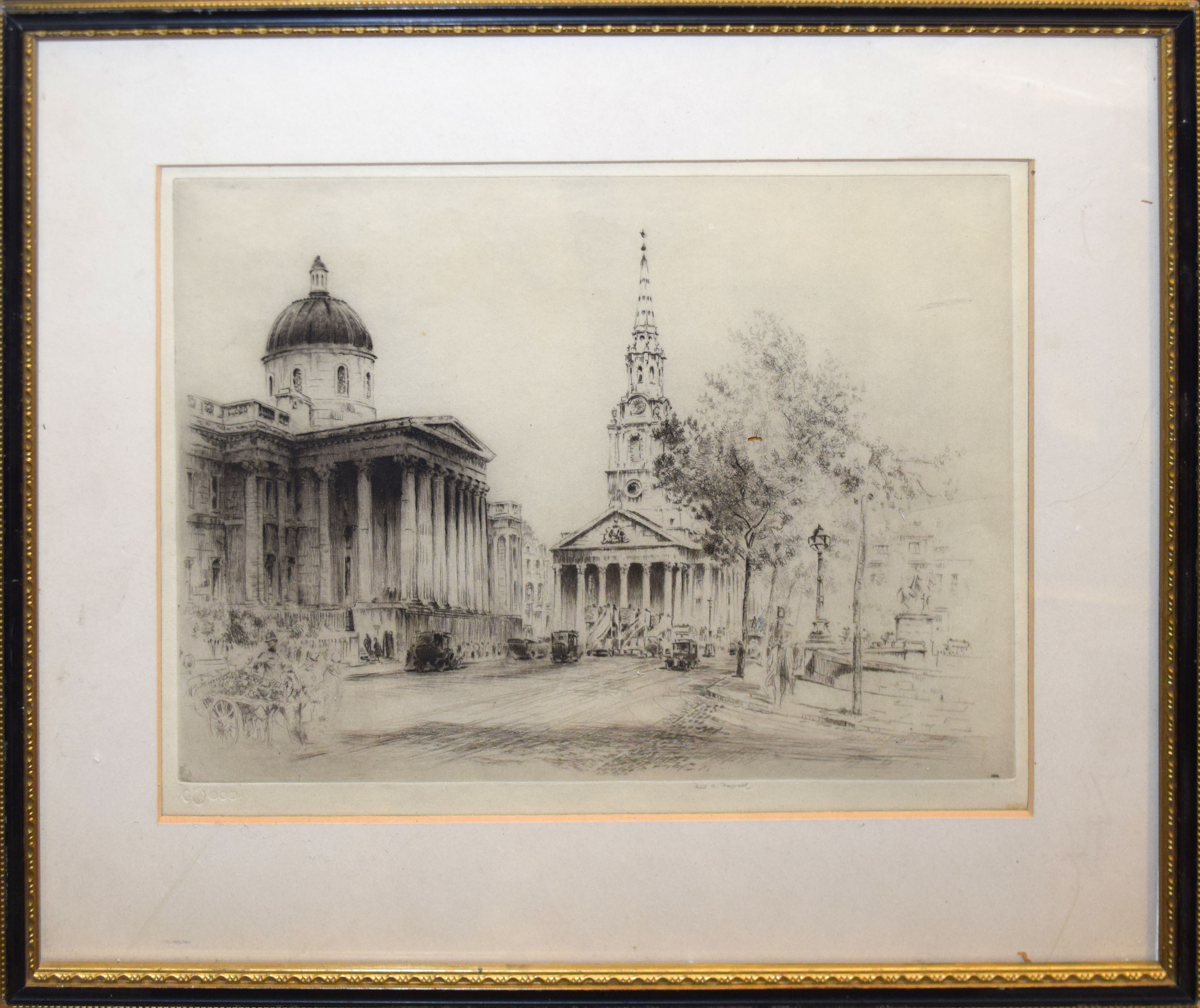 Frederick Farrell, Piccadilly and Trafalgar Square, two black and white etchings, both signed in - Image 2 of 2