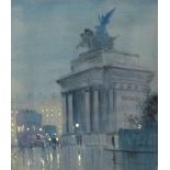 William F Longstaff, "Hyde Park Corner, evening", watercolour, signed lower right, 17 x 17cm