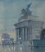 William F Longstaff, "Hyde Park Corner, evening", watercolour, signed lower right, 17 x 17cm