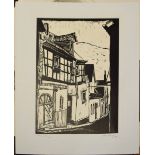 Ronald Courteney, Street scene, linocut, signed and dated 1985 in pencil to mount, 34 x 25cm,