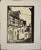 Ronald Courteney, Street scene, linocut, signed and dated 1985 in pencil to mount, 34 x 25cm,