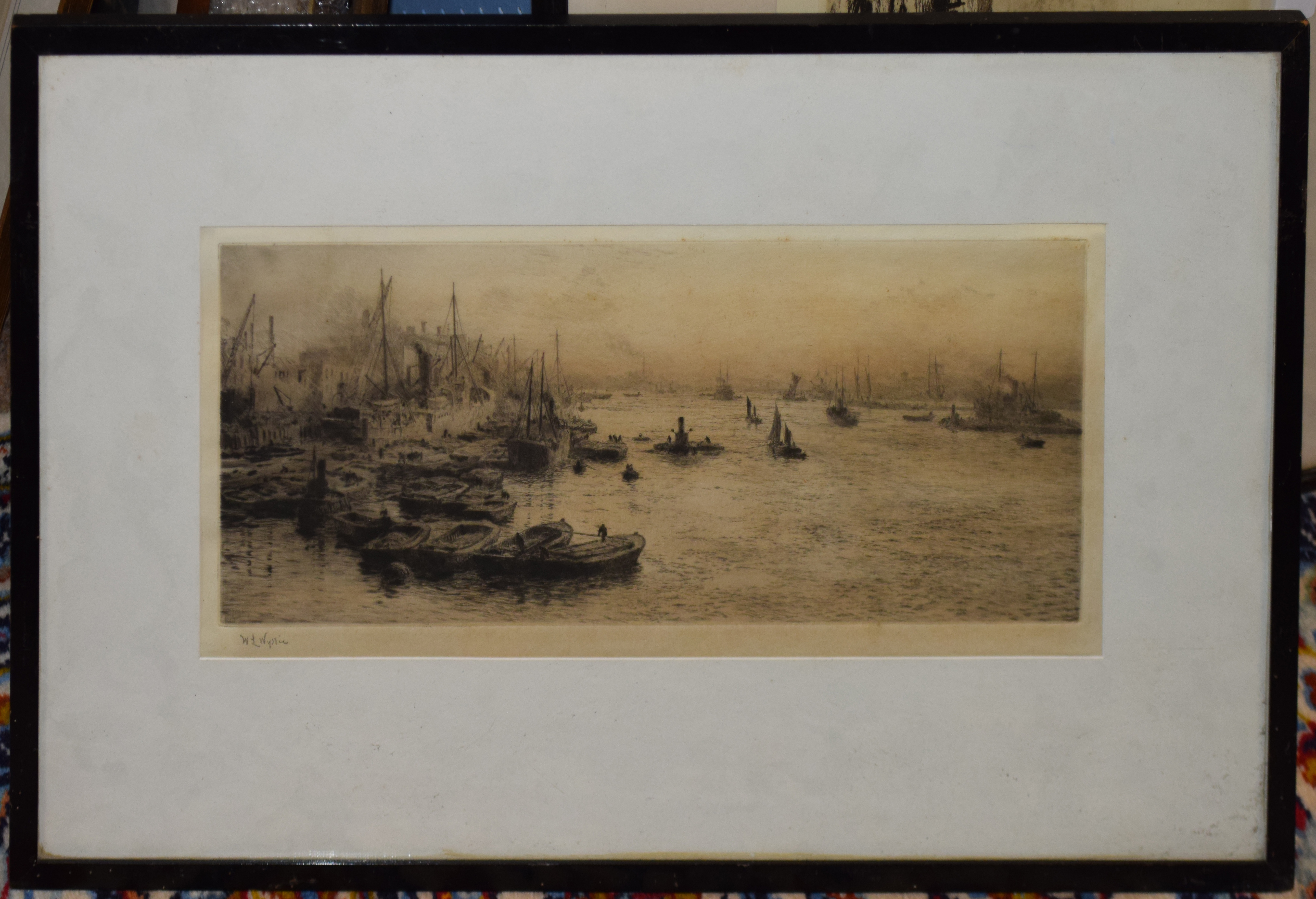 William Lionel Wyllie, RA, RI, RE (1851-1931), Shipping scene, black and white etching, signed in