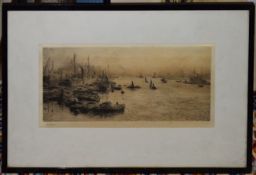 William Lionel Wyllie, RA, RI, RE (1851-1931), Shipping scene, black and white etching, signed in