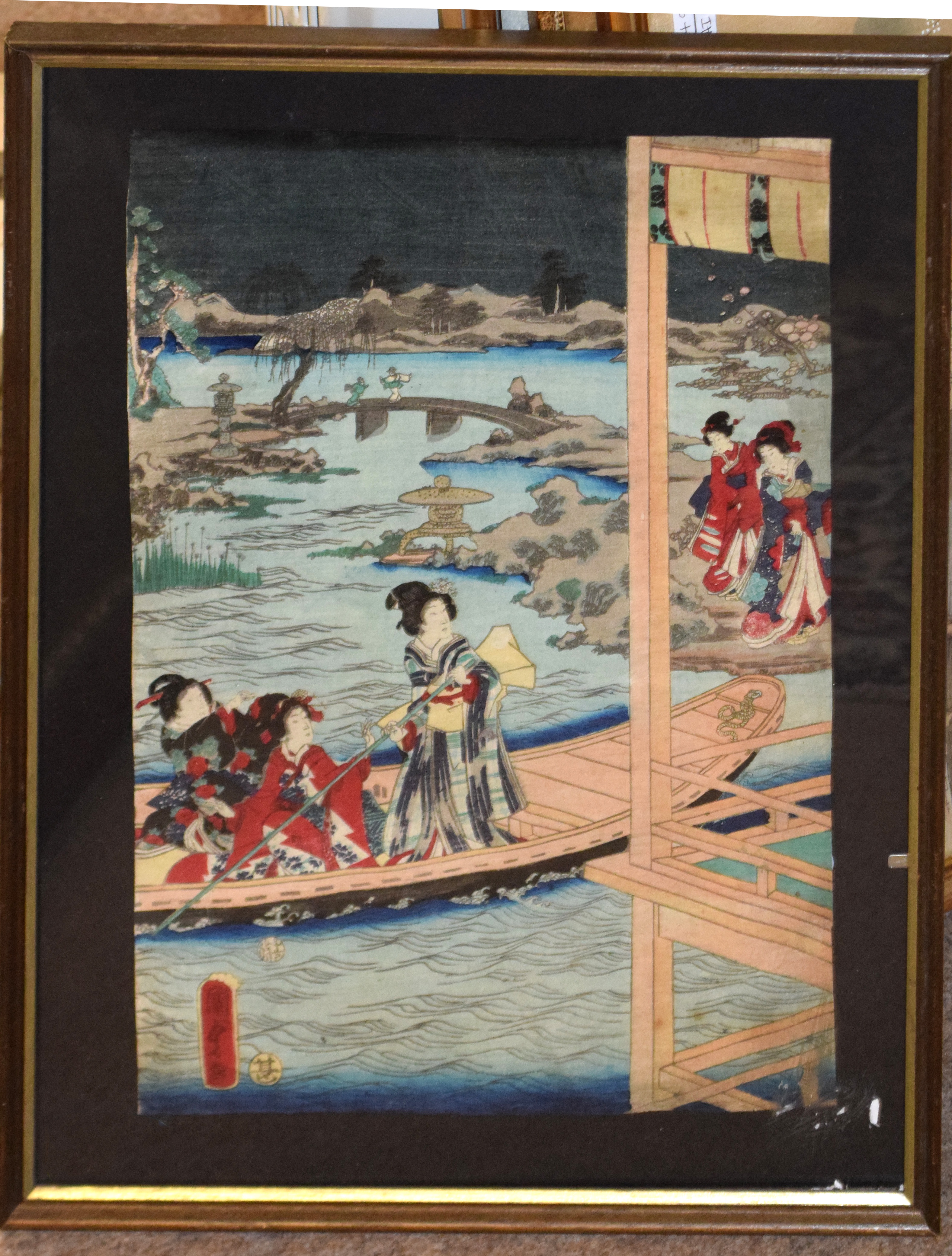 Japanese School, River scenes with figures, pair of coloured wood blocks, 36 x 24cm (2) - Image 2 of 2