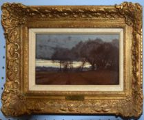 Attributed to George Thomas Rope, Tree study at twilight, oil on panel, 12 x 23cm