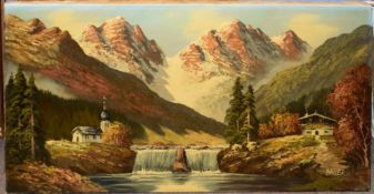 Bauer, Berge Mountains (Alpine landscape), oil on canvas, signed lower right, 50 x 100cm, artist's