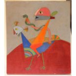 In the manner of Victor Brauner, Surrealist figure riding a bird, encaustic oil on panel,