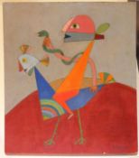 In the manner of Victor Brauner, Surrealist figure riding a bird, encaustic oil on panel,