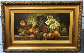 Vincent Clare (1855-1930), Still Life study of mixed fruit, flowers and birds nest on a marble