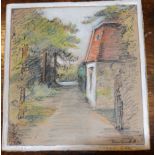Freda Goss, The entrance into Leyton Wood, pen, ink and pastel, signed lower right, 21 x 19cm,