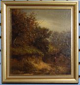 Attributed to John Moore of Ipswich, Lake scene with figure, oil on panel, 12 x 11cm