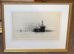 Harold Wyllie, Ships at anchor, black and white etching, signed in pencil to lower left margin, 15 x