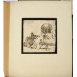 George Morland, Landscape and child, two black chalk and ink sketches, 9 x 8cm and 10 x 18cm, both