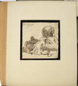 George Morland, Landscape and child, two black chalk and ink sketches, 9 x 8cm and 10 x 18cm, both