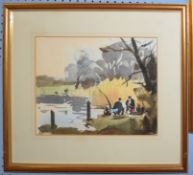 John Tookey, Figures seated by a river, watercolour, 21 x 28cm