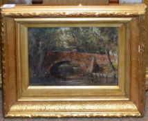 English School (19th/20th century), Figure on a bridge, oil on board, 22 x 30cm