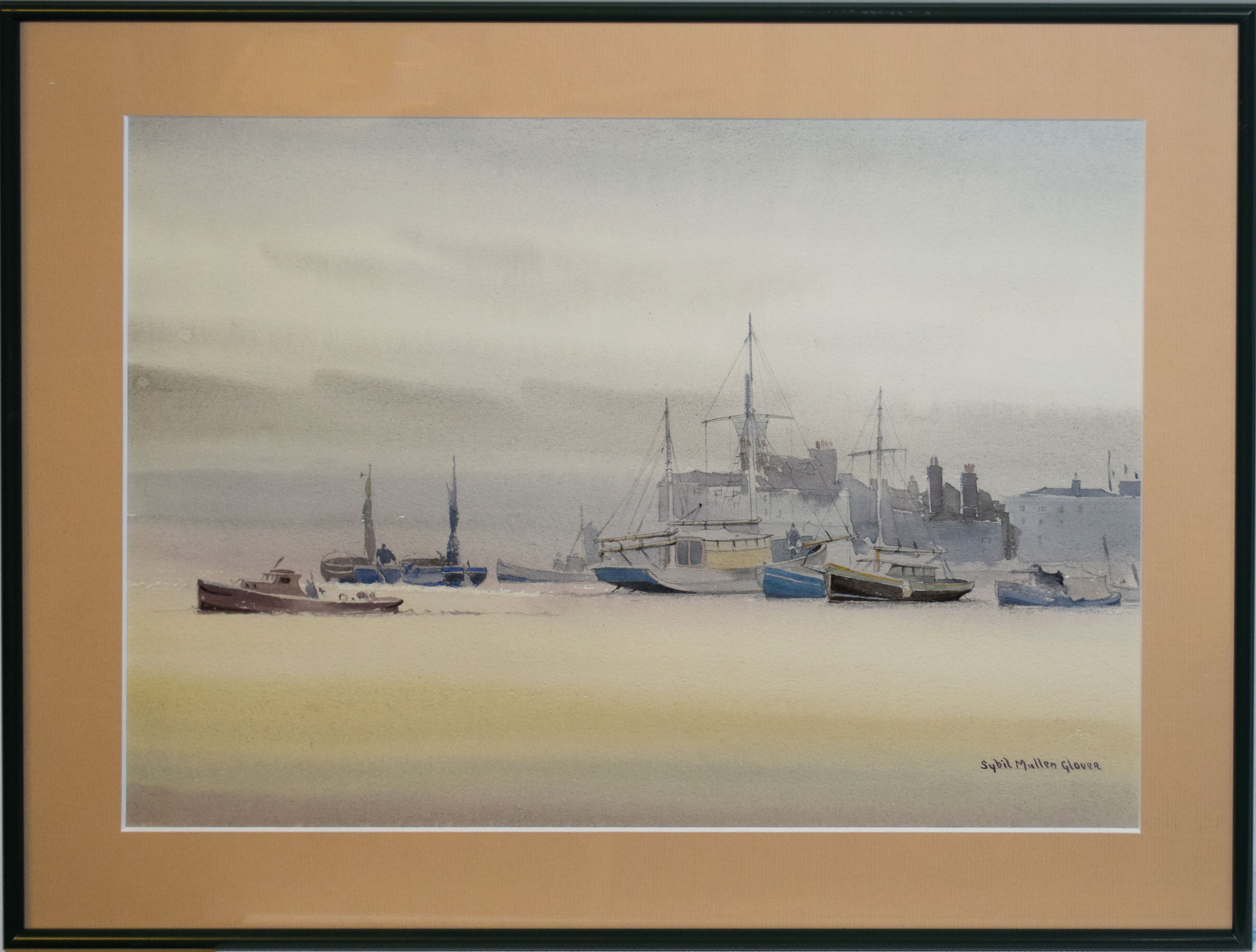 AR Sybil Mullen Glover (1908-1995), Boats in a harbour, pen, ink and watercolour, signed lower