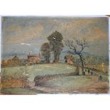 Wiger (Victorian School), Village landscape with early depiction of a man riding a tricycle, oil