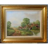 Peter Kotka, Farm cottage with ploughman, oil on canvas, signed lower right, 29 x 39cm