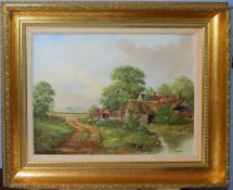 Peter Kotka, Farm cottage with ploughman, oil on canvas, signed lower right, 29 x 39cm