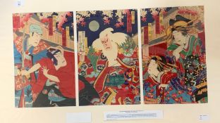 Triptych of angry Elder in the Yoshiwara by Kunisada 3 (1848-1920)