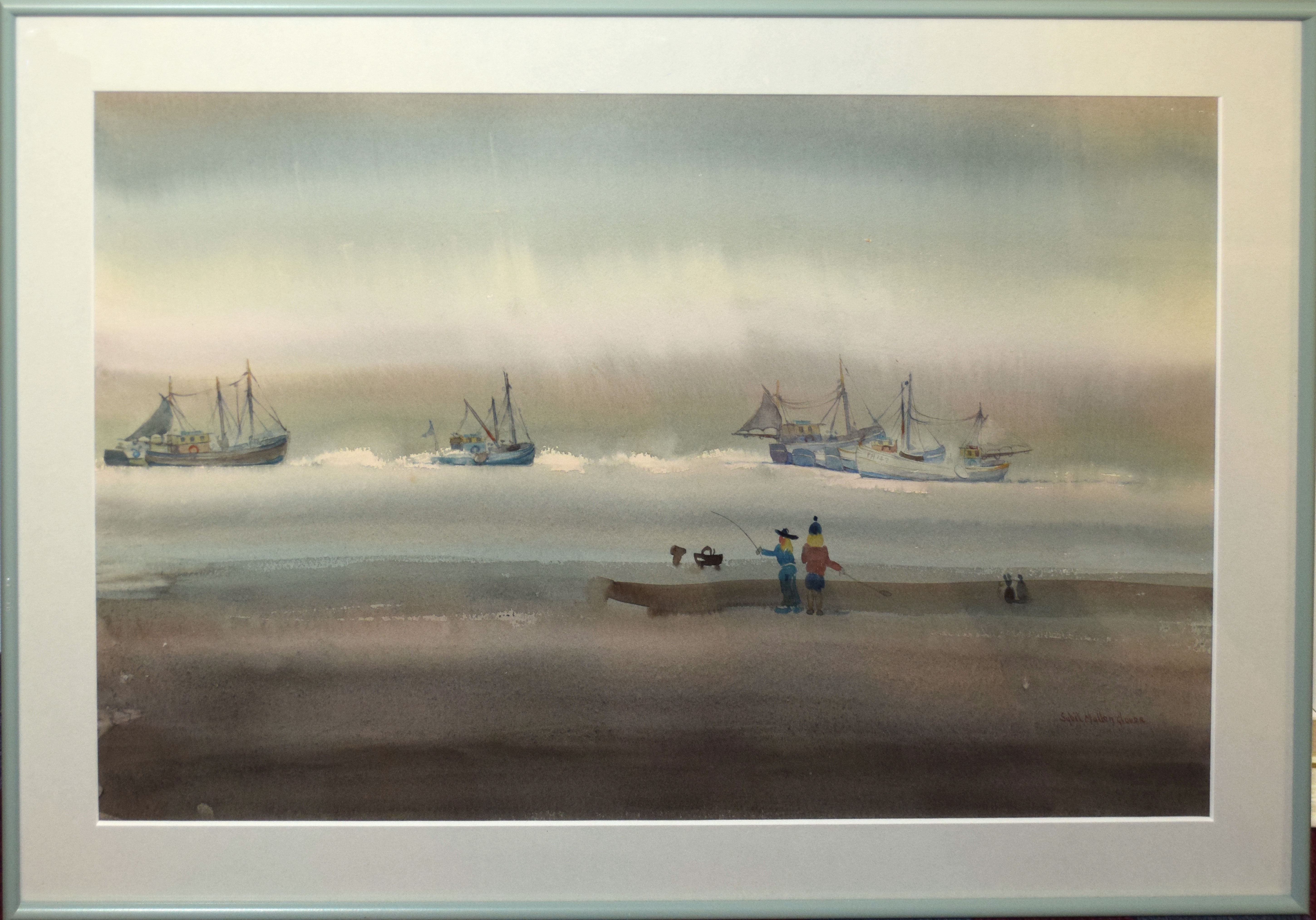 AR Sybil Mullen Glover (1908-1995), "Fishing on the beach", watercolour, signed lower right, 34 x