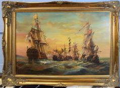 Continental School (20th century), A sea battle, oil on canvas, indistinctly signed lower right,