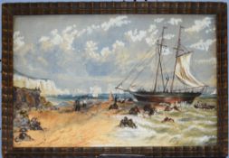 Victorian School, Beach, sailing ship and figures at Alum Bay, Isle of Wight with The Needles