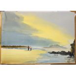 Douglas Ion Smart, Beach scene with father and son fishing, watercolour, signed lower right, 24 x