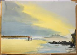 Douglas Ion Smart, Beach scene with father and son fishing, watercolour, signed lower right, 24 x