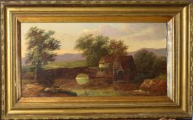 Charles Morris, River landscape with mill and bridge, oil on canvas, signed lower right, 30 x 58cm