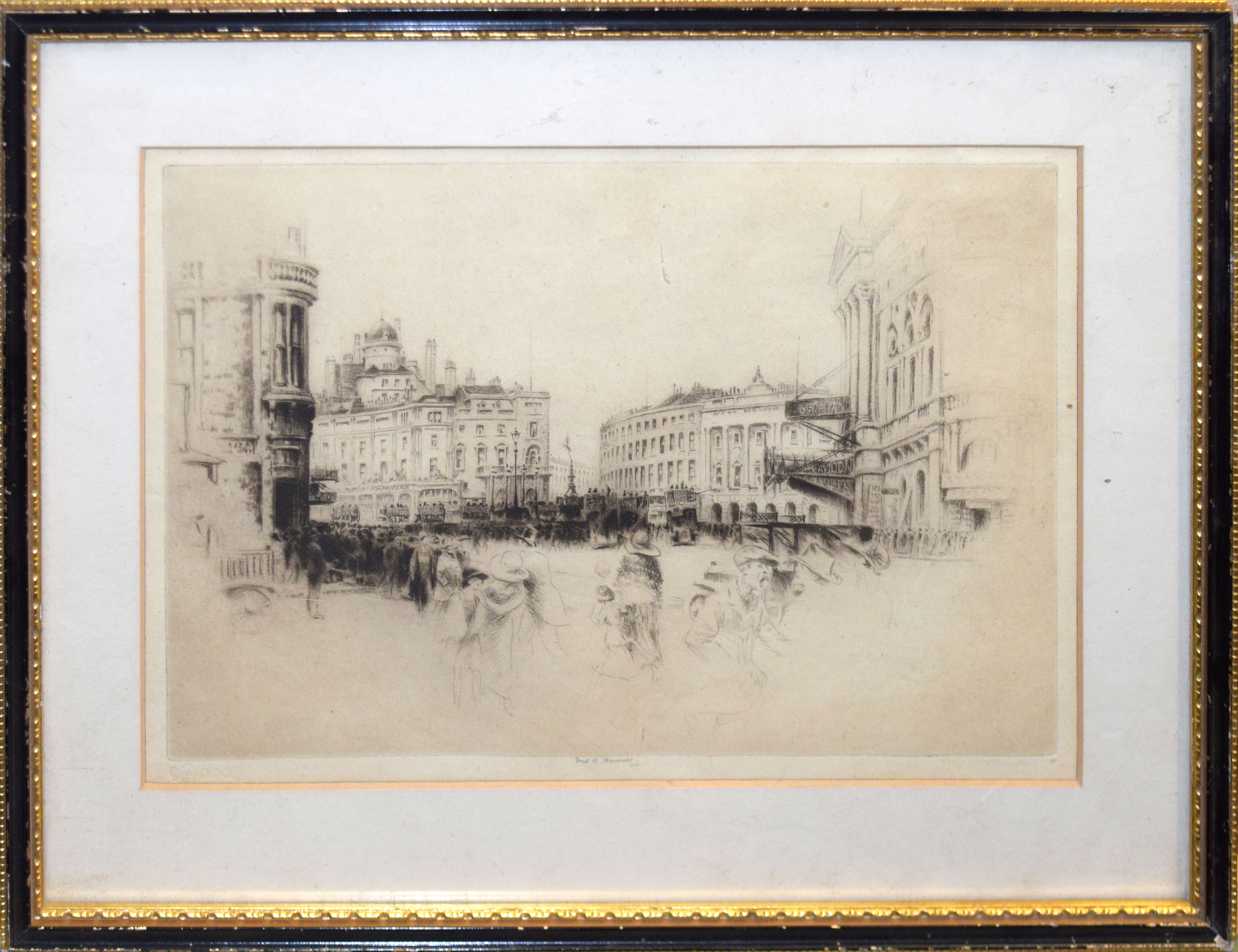 Frederick Farrell, Piccadilly and Trafalgar Square, two black and white etchings, both signed in