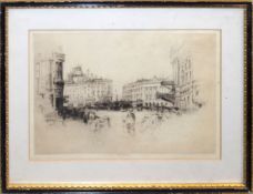 Frederick Farrell, Piccadilly and Trafalgar Square, two black and white etchings, both signed in