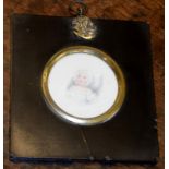 English School (19th century), Young child wearing a bonnet, portrait miniature, inscribed to