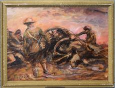 Ronald Olley, WWI soldiers hauling a field gun, oil on board, signed lower left, 26 x 38cm