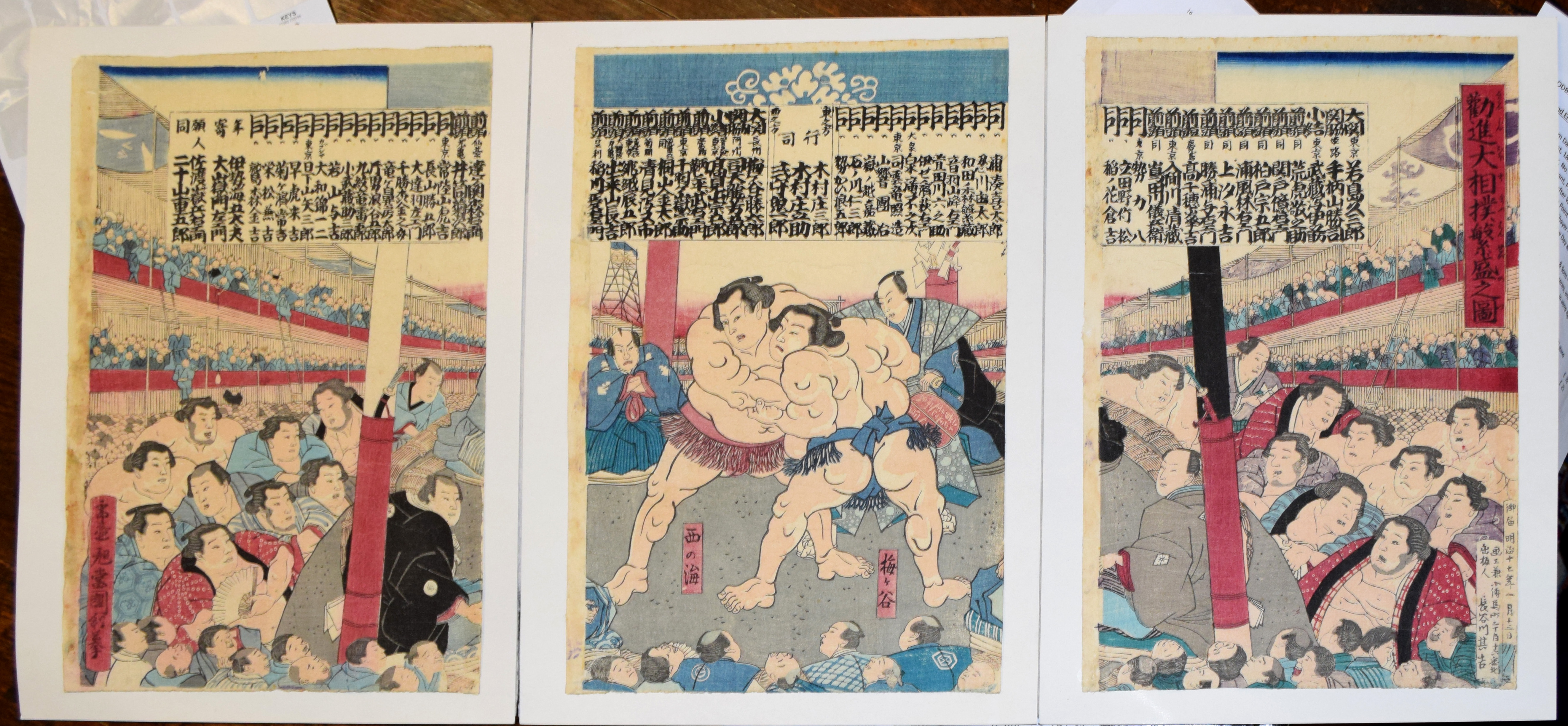 Kunitoshi Utagawa, Sumo wrestling, triptych coloured wood cut, each image 37 x 24cm, unframed