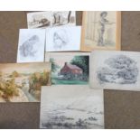 Folder of assorted drawings, watercolours etc