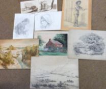 Folder of assorted drawings, watercolours etc