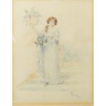 M Gurney, Elegant young lady holding a basket of flowers on a terrace, pencil and watercolour,