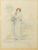 M Gurney, Elegant young lady holding a basket of flowers on a terrace, pencil and watercolour,