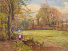 A F Perrin, Landscape with figures on a bridge, watercolour, signed lower left, 46 x 58cm