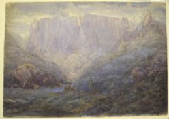 Continental School (19th/20th century), Extensive mountain landscape with shepherd and flock, pen,