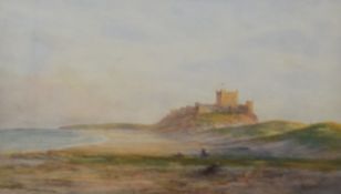 H Baker, Figures before Bamburgh Castle, watercolour, signed lower left, 32 x 45cm