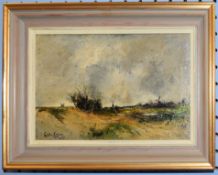 Charles Eyles, Figure in a windy landscape with distant mills, oil on board, signed and dated 1902