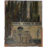 After Goya, Figures standing outside a grand building, oil on canvas, 23 x 18cm, unframed