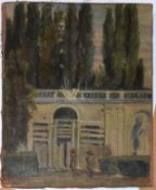 After Goya, Figures standing outside a grand building, oil on canvas, 23 x 18cm, unframed