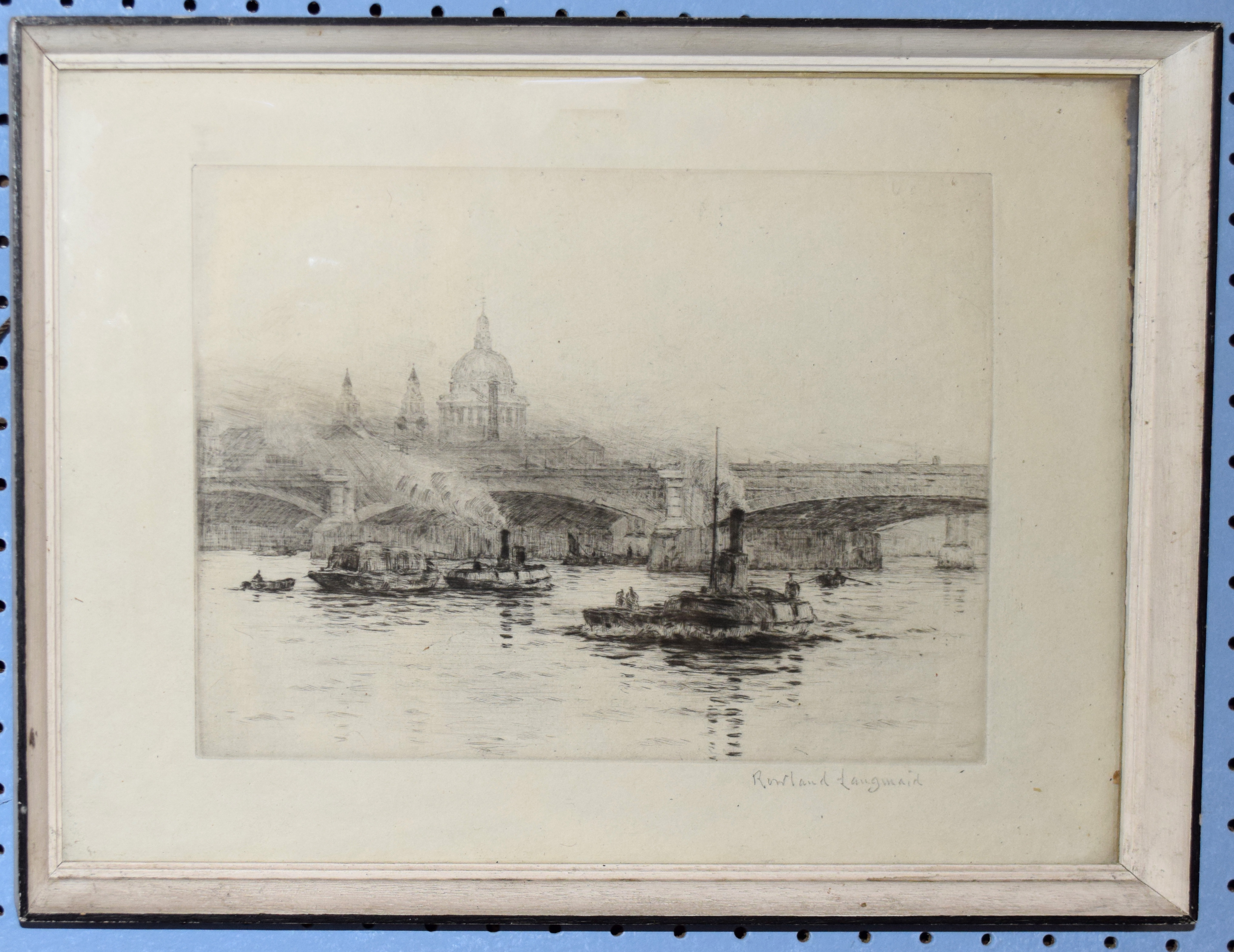 Rowland Langmaid, London Bridge with St Paul's, black and white etching, signed in pencil to lower